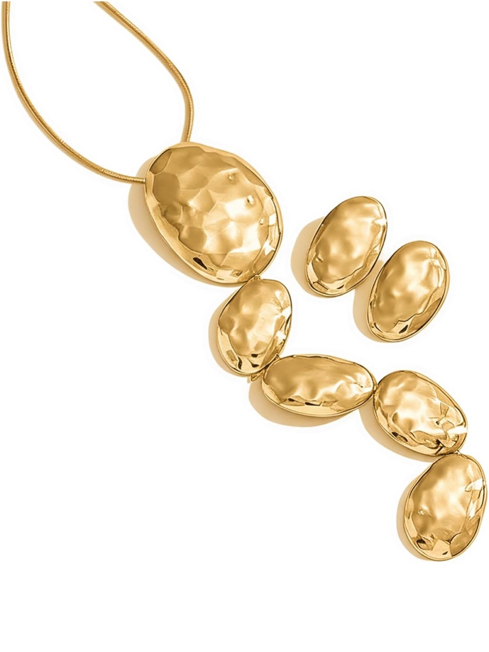 Anthropologie Polished Hammered Gold Oval Pendant Necklace and Earrings